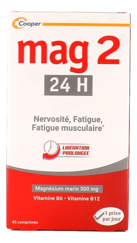 Mag 2 Magnésium 24H, 1 Prise Par Jour, 45 Comprimés  Mag 2 24H contient du magnésium et de la vitamine B6. 1 seul comprimé par jour suffit, libération prolongée pour une action 24h/24h