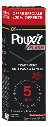 Pouxit Flash Spray anti-poux et lentes Pouxit Flash Spray anti-poux et lentes Agit en 5 minutes et sans pesticides Peigne inclus Dès 6 mois