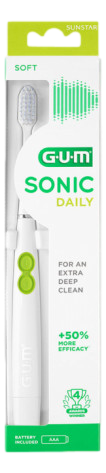 GUM BAD SONIC DAILY 4100WH BLANCHE Technologie sonique à vibration douce pour une meilleure protection des gencives. Efficacité prouvée – avec ses brins effilés aux extrémités, élimine 50% de plaque dentaire supplémentaire* entre les dents. Manche fin et 
