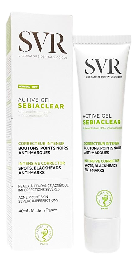 Sebiaclear Active Gel SVR 40ml Sebiaclear Active Gel SVR est un correcteur intensif contre les boutons et les points noirs recommandé en cas d'imperfections sévères. Son action renforcée élimine boutons et points noirs tout en corrigeant les pores et la b