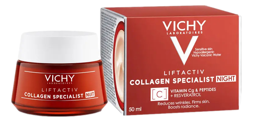 Vichy Liftactiv Crème de Nuit Spécialiste Collagène 50 ml Crème de nuit indiquée pour lutter contre les manèges et la flaccidité. Formulé avec des peptides raffermissants, il corrige les dommages causés par l'épiderme au cours de la journée par les agress